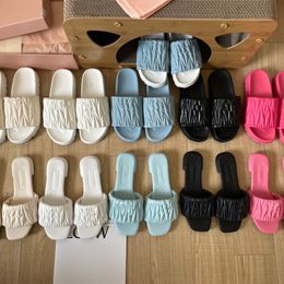 Women Fold Leather Slippers Designer Sandal Flat Heeled Candy Color Slides Womens Rubber Slipper