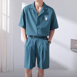 Men's Tracksuits Summer Senior Design Vertical Sense Solid Mens Short Sets Button Shirt Korean Suit Collar Loose Casual Costume Luxe