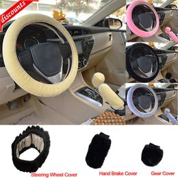 New Soft Steering-wheel Plush Car Steering Wheel Cover Winter Faux fur Stop Lever+Hand Brake Wool Covers Car Interior Accessories