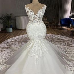2021 Mermaid Wedding Dress chapel Train 3D Appliques Jewel Lace Bridal Gowns Customized vestidos de novia304v