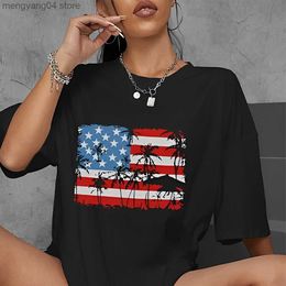 Women's T-Shirt Loose fitting women's independence day women's protruding T-shirt American flag star print short sleeved T-shirt women's clothing T230517