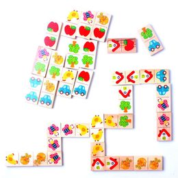 Bloklar 28 adet ahşap domino meyve hayvanı tanınan dominolar oyunlar jigsaw montessori çocukları öğrenme eğitim bulmaca bebek oyuncak p230516