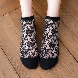 Socks Hosiery Summer thin crystal silk socks dig mesh breathable lace short socks women harajuku retro floral print low cut ankle socks P230517