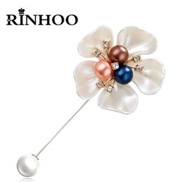 Rinhoo Imitation Pearls Flower Brooches Women Elegant Fashion Rhinestone Camellia White Flower Petal Lapel Pins Wedding Jewellery