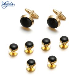 VAGULA Trendy Cufflinks Studs in Set 8pcs Black Enamel Gemelos Button Tuxedo Collar Stud Bonito Men Jewelry 405