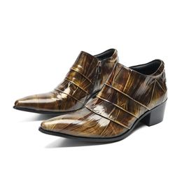 6cm Heels High Men's Shoes Slip on Bronze Leather Dress Shoes Men Zip Fashion Party and Wedding Shoes Men, Big Sizes
