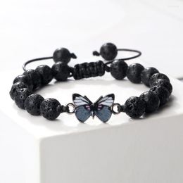 Strand Handmade Natural Stone Bracelets Charm Butterfly Pendant Women Black Lava Onyx Agates Beaded Bracelet Bangle Couple Yoga Jewelry