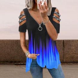 Women's Blouses Summer WomenT-shirt Hollow Out Shoulder Rhinestone Decor Short Sleeves Plus Size Loose Hem Gradient Contrast Color Lady