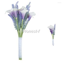 Decorative Flowers Hand Tie Artificial Flocked Lavender Calla Lily Bouquet With Men Groom Corsage For Wedding Home Office Arrangement Decor