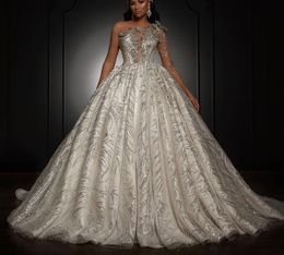 Luxury Ball Gown Wedding Dresses One Long Sleeve V Neck Sequins Applique Ruffles Bridal Gowns Beaded 3D Lace Zipper Diamonds Plus Size Custom Made Vestido de novia