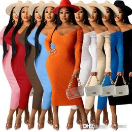 Spring Autumn Women Bodycon Dress Fashion Ribbed Knitted Sweater Skirt Sexy Off Shoulder Long Sleeve Maxi Dresses