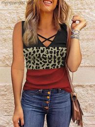 Women's Tanks Camis Women Criss-Cross Tank Tops Colour Block Leopard Splicing Sleeveless Shirts Summer Hollow Out V Neck Basic Tees Casual Cami Shirt T230517