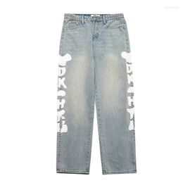 Men's Jeans Light Blue Men Streetwear Y2k Skeleton Bone Embroidered Straight Leg Distressed Loose Denim Pants Aesthetic Summer Trouser