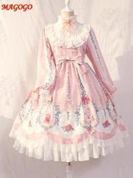 Dresses MAGOGO Women Kawaii Lolita Dress Long Sleeve Loose New Flower Elegant Victorian Dress Girls Bow Printed Summer Clothing Vestidos