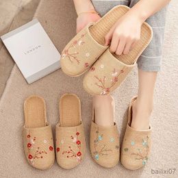 Slippers Linen Slippers Female Summer Male Couple Home Embroidered Non-Slip Soft Bottom Indoor Home Use Cotton And Linen Floor Slippers