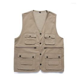 Men's Vests 2023 Men's Vest Jacket Pographer Waistcoat Mesh Work Sleeveless Multi-Pocket Coat Spring Summer Male Button Gilet Tops