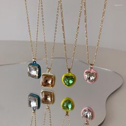 Pendant Necklaces Vintage Geometric Square Heart Clavicle Chain Colorful Drop Glaze Zircon Gold Color Necklace For Women 2023 INS