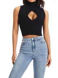 Women's Tanks Women Mock Turtleneck Knit Sweater Vest Sexy Cutout Sleeveless Ribbed Pullover Tank Tops Slim Fit Solid Crop Top Streetwear