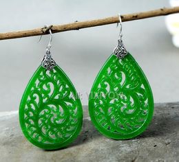 Dangle Earrings Beautiful 925 Silver Green Jade Hollow Flower Dropping Ancient Design Lucky Earring Charm Gift Fine Jewelry