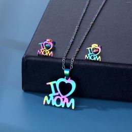 Necklace Earrings Set Stainless Steel Colorful I Love MOM Letter Heart Daughter Figure Jewelry Mother's Day Gift