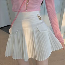 Skirts White Pleated Skirts Sexy Casual Slim College Women High Waist Mini Metal Letter D A-Line Clubwear Korean Fashion Style 230518