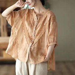 Women's Blouses & Shirts Summer Style Crochet Stitching Lace Shirt Women Literary Shireed Collar Perspective Ramie Tops Three Quarter Sleeve