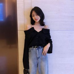 Women's Blouses Shirts HStar off shoulder top button solid vneck korean clothing casual style spring womens tand blouses ladies 230517