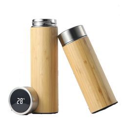 450ML/500ML Bamboo Stainless Steel Tumblers Creative Intelligent Thermos Cup Outdoors Water Bottle Kettle