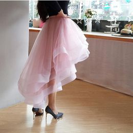 Skirts Pink Ruffles Tulle Skirt Long Party Female Maxi Girl Elastic Band Asymmetrical Mujer Faldas 2023