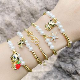 Charm Bracelets FLOLA Gold Plated Beads Peacock For Women White Pearl Tiger Cubic Zirconia Animal Jewelry Gifts Brtg75