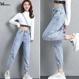 Jeans Women High Waist Streetwear Ankle Banded Denim Pants Korean Style Light Blue Pantalones De Mezclilla Casual Bleached Harem Jeans