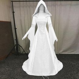 Dresses Mediaeval Renaissance Maxi Train Dress Women Halloween Devil Pagan Witch Wedding Costume Hooded Gown Robe Cosplay Costume