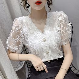 Women's Blouses Shirts Lace Top Pearls Vneck Chiffon Short Sleeve Shirt flower Blouse Printed Floral Transparent Women Sexy Crop 230517