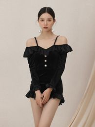 Women's Swimwear Off Shoulder Ladies Black Spring One-piece Swimsuits Conservative Belly Cover Slim Swimsuit Korean