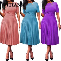 Dresses VITIANA Women Office Lady Pleated Dress Summer 2021 Female Short Sleeve ONeck Purple Midi Dresses Femme OL Vestidos With Belt