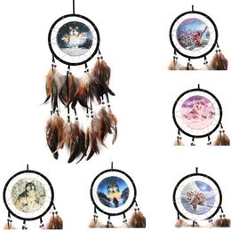 Vintage Handmade Dreamcatcher Oil Painting Totem Wolf Dream Catcher with Feather Wind Chime Car Wall Hanging Home Decor Ornament