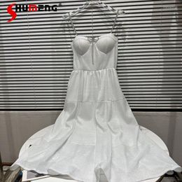 Casual Dresses White Sleeveless Sling Long Dress 2023 Summer Dignified Rhinestone Bow Chain Spaghetti-Strap Strap For Women