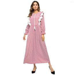 Ethnic Clothing Muslim Dress Women's Lace Middle Eastern Long-sleeved Striped Eid Arab Robe Saudi Arabia Dubai Abaya Turkey Long