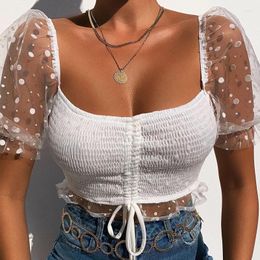 Women's T Shirts Women Summer Short Sleeve Crop Top Square Neck Polka Dot Print Shirt Drawstring Exposed Navel Slim Tee