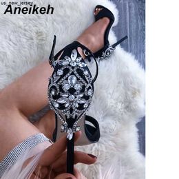 Sandals Aneikeh Rhinestone Stiletto Lady Sexy Crystal Thin Heels Sandal Woman Ankle Strap Wedding Dress Shoes Pumps Size 35-42 Black J230518