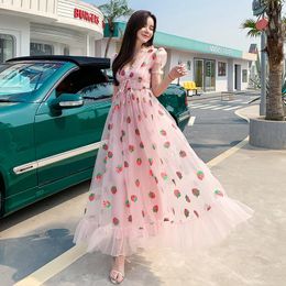 Dresses Strawberry dress Sequined Embroidery Cascading Ruffle Maxi Dress Women summer Vneck Puff Sleeve Bow Pink Tulle Mesh Long Dress