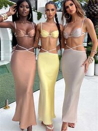 Two Piece Dress wsevypo Women Two-Piece Satin Skirt Suits Summer Sexy Backless Tie-Up Sling Camisole Low Waist Hollow Out Long Bodycon Skirt Set P230517