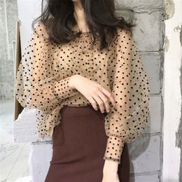 Women's Blouses Shirts Spring Autumn Vintage Brown Sugar Pearl Milk Tea Flocking Polka Dot Puff Sleeve Mesh Top with Bottoming Shirt 230517