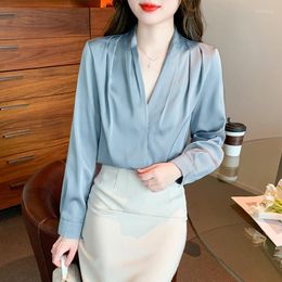 Women's Blouses Fashion Luxury Elegant Ladies Shirts France Style Woman Spring Summer Long Sleeve V-neck Tops Blusa Mujer