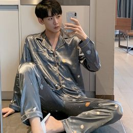 Men's Sleepwear Silk Men Pyjamas Set OverSize 4XL 5XL Long Sleeve Casual Home Wear Spring Autumn Silk Boy Pyjama Sets Leisure Sleepwear Set 230518