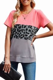 leopard Print Colour Block Short Sleeve T-Shirt c1BD#