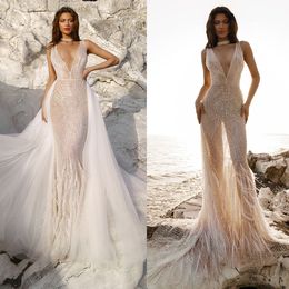 Fairy Beach Illusion Wedding Dresses Lace Deep V Neck Bridal Gown Custom Made Sequins Feathers with Overskirts Wedding Gowns
