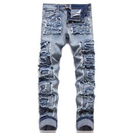 Men's Jeans Punk Trend Blue Hole Slim Seans Autumn Stickers Fashion Biker Pencil Pants MidWaists Casual Men Clothing 230517