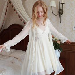 Women's Sleepwear Summer Women's Robe Set With Nightdress Ladies Sexy Bathrobe 2 Pcs Lace V Neck Long Sleeve Thin Suit For Female