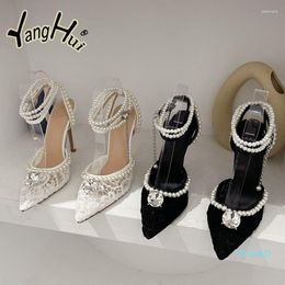 Dress Shoes Lace Mesh Hollow Out Sexy Super High Heel Pumps 2023 Fashion Temperament Pearl Diamond Women's Sandals Pointed Toe Summer